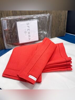 Sferra Festival Poppy Red Pure Linen Dinner Napkins Hemstitched 20x20" SET of 4